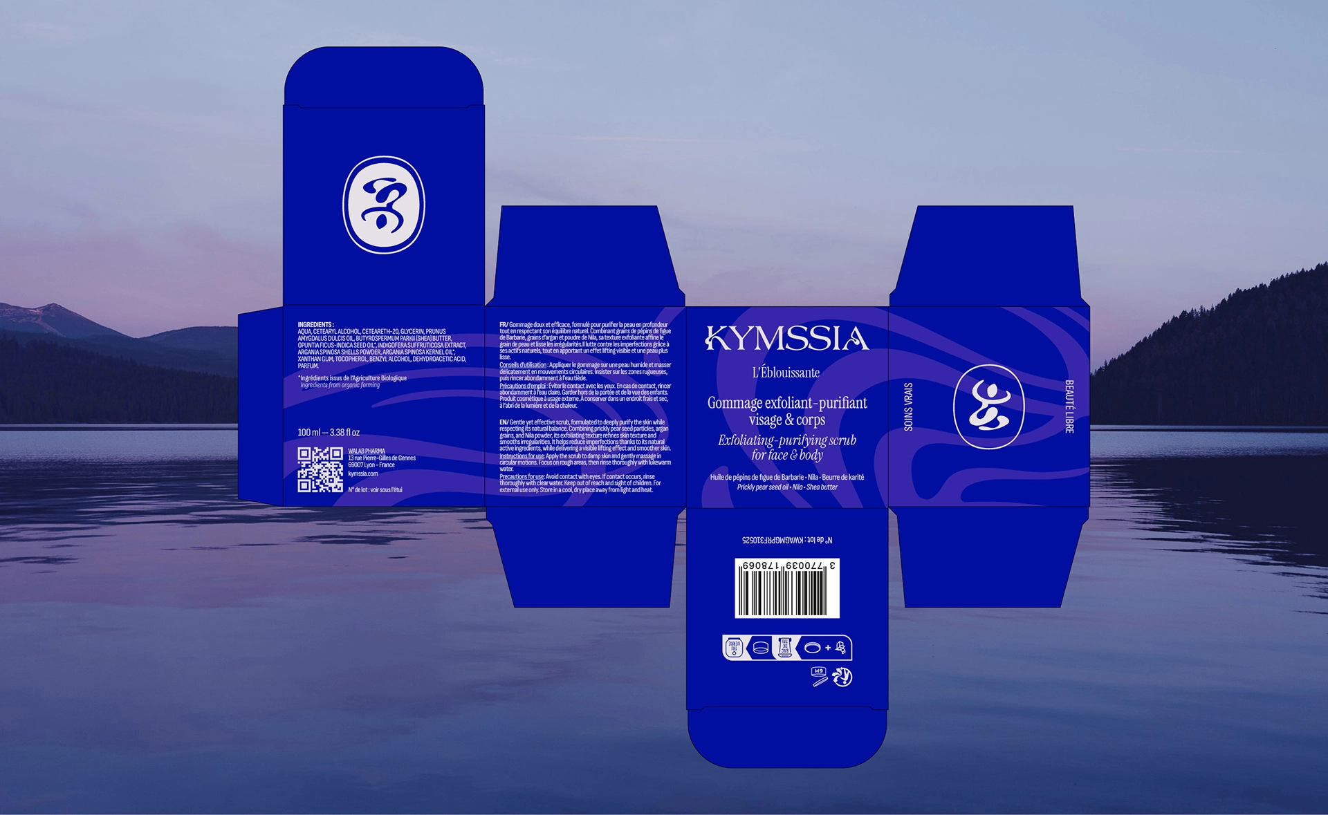 Packaging Gommage exfoliant KYMSSIA L'éblouissante – branding cosmétique - Sable Noir