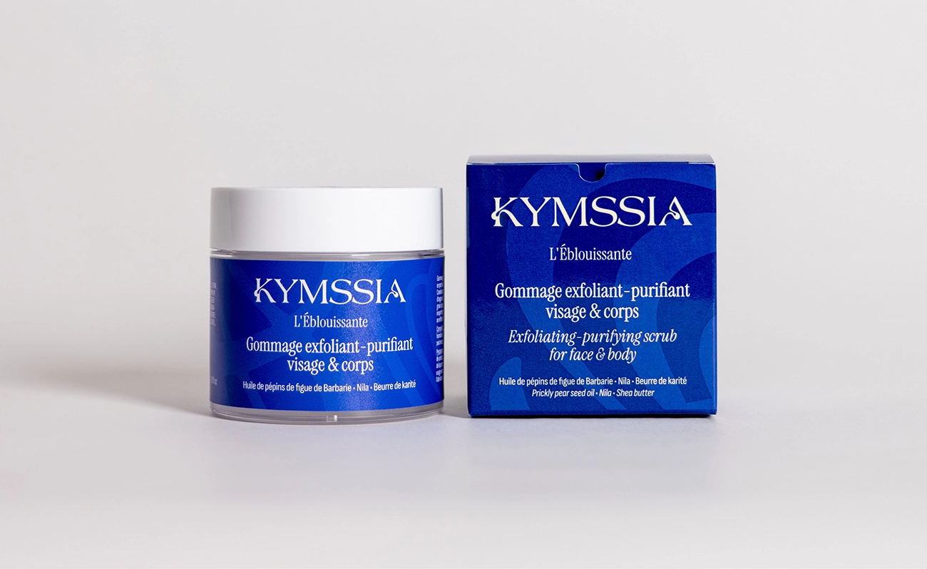 Packaging Gommage exfoliant KYMSSIA L’Éblouissante – branding cosmétique - Sable Noir