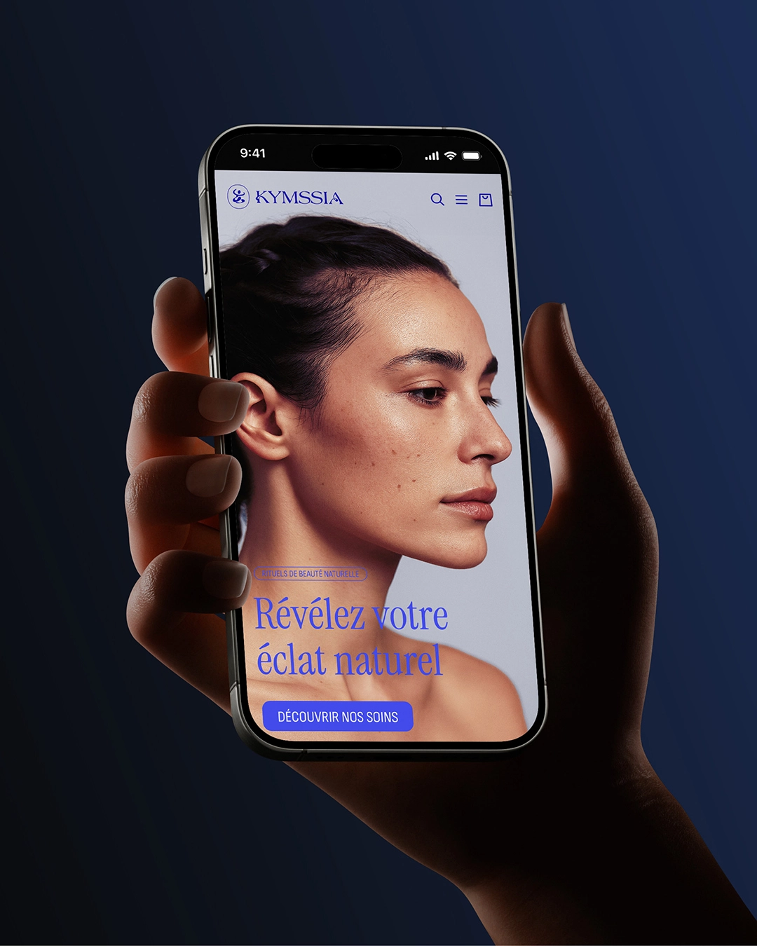 Interface mobile site web KYMSSIA – branding cosmétique - Sable Noir