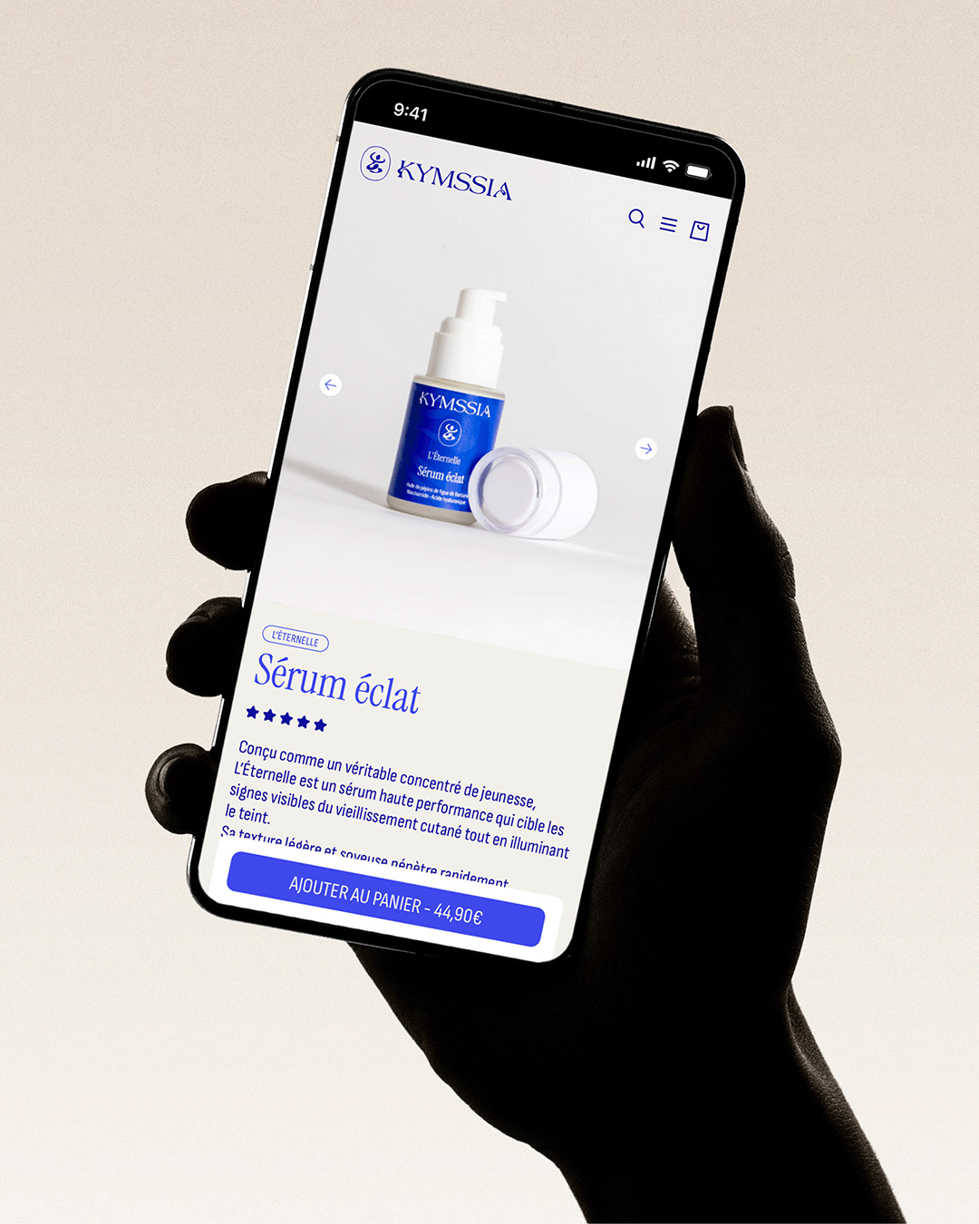 Interface mobile site web KYMSSIA – branding cosmétique - Sable Noir