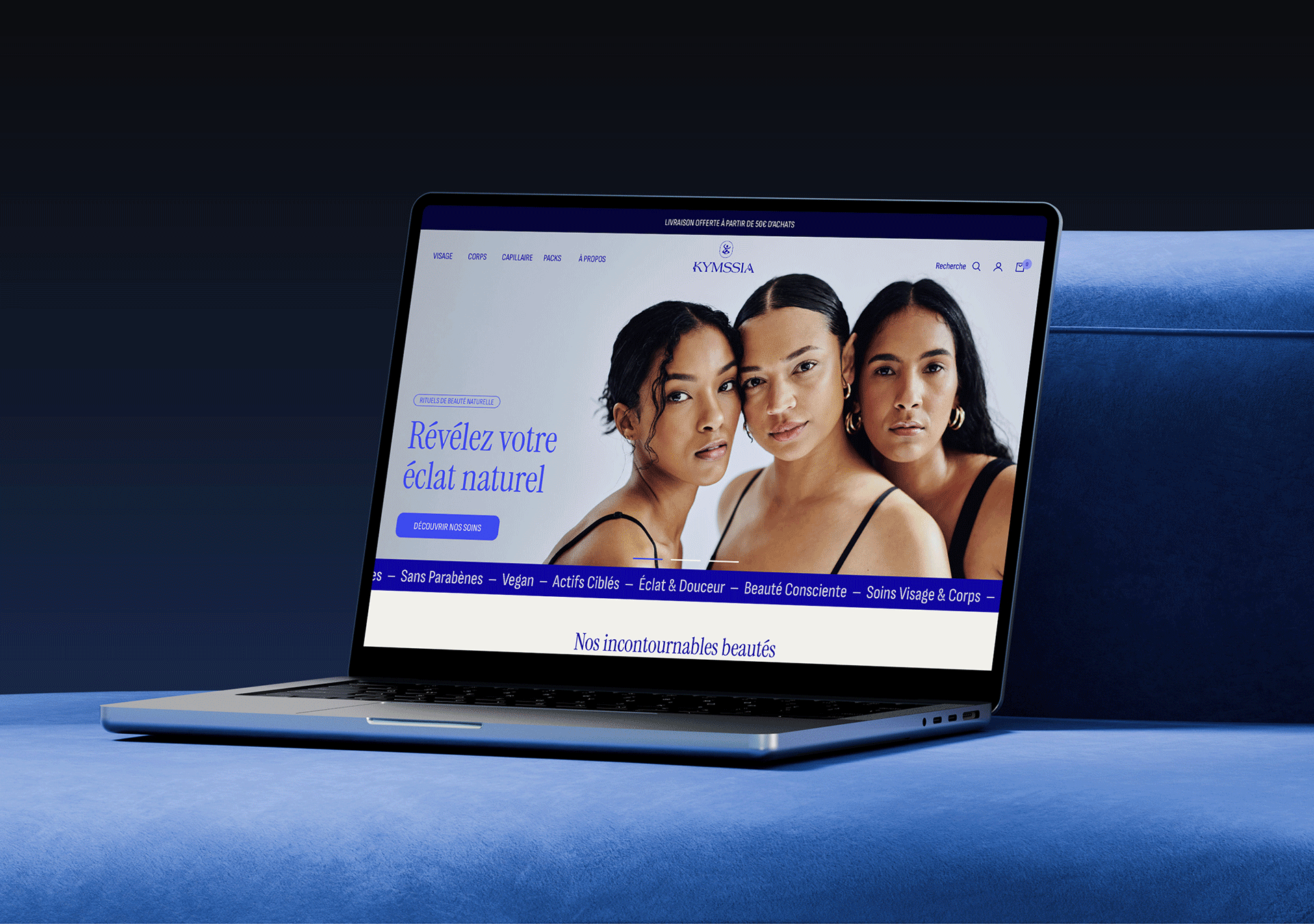 Site KYMSSIA beauté naturelle et soins visage – branding cosmétique - Sable Noir