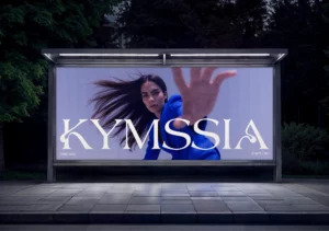 Billboard KYMSSIA en ville – branding cosmétique - Sable Noir